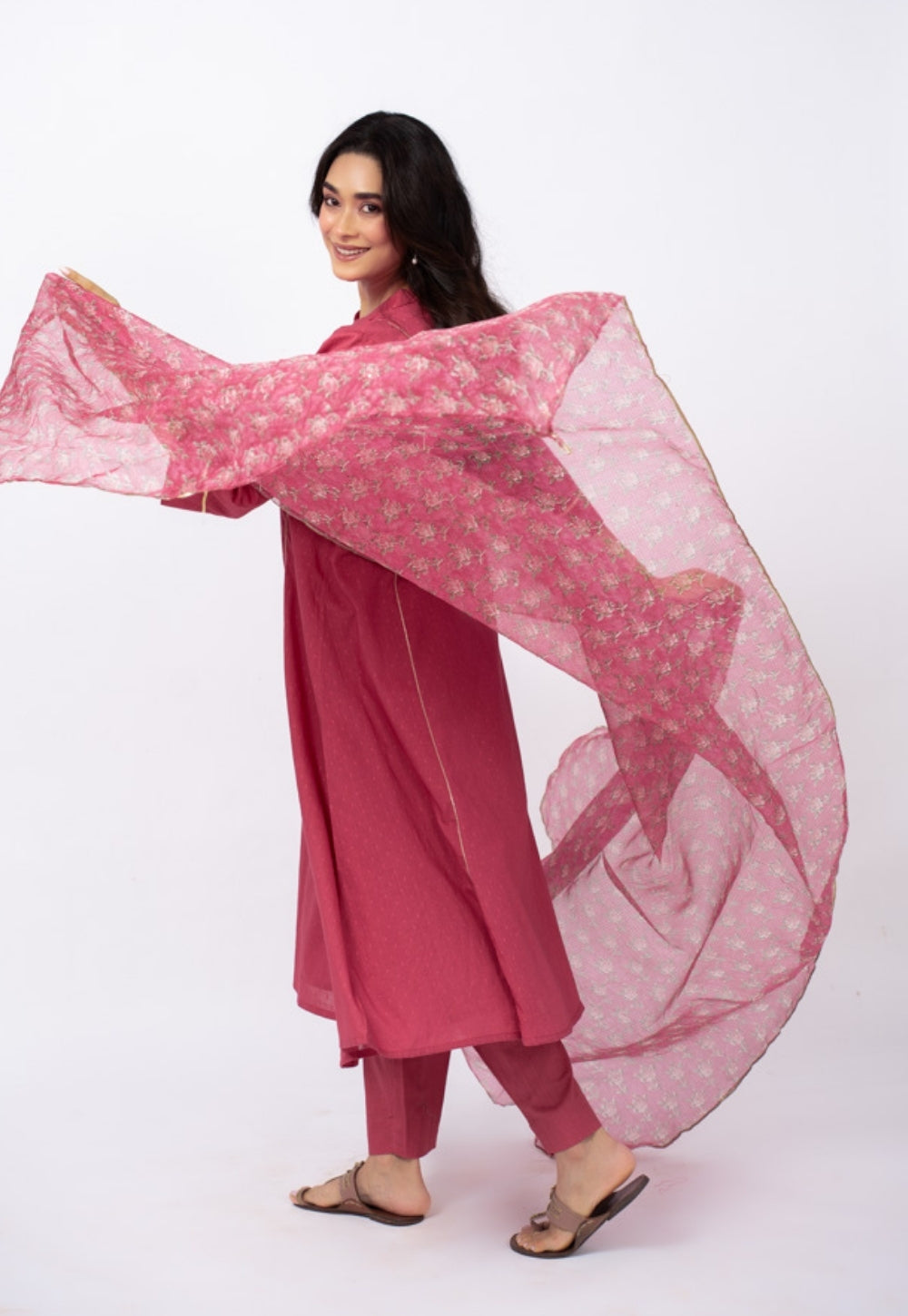 Huma Pink Solid Cotton Kali Kurta Suit Set with Printed Dupatta (Set of 3)