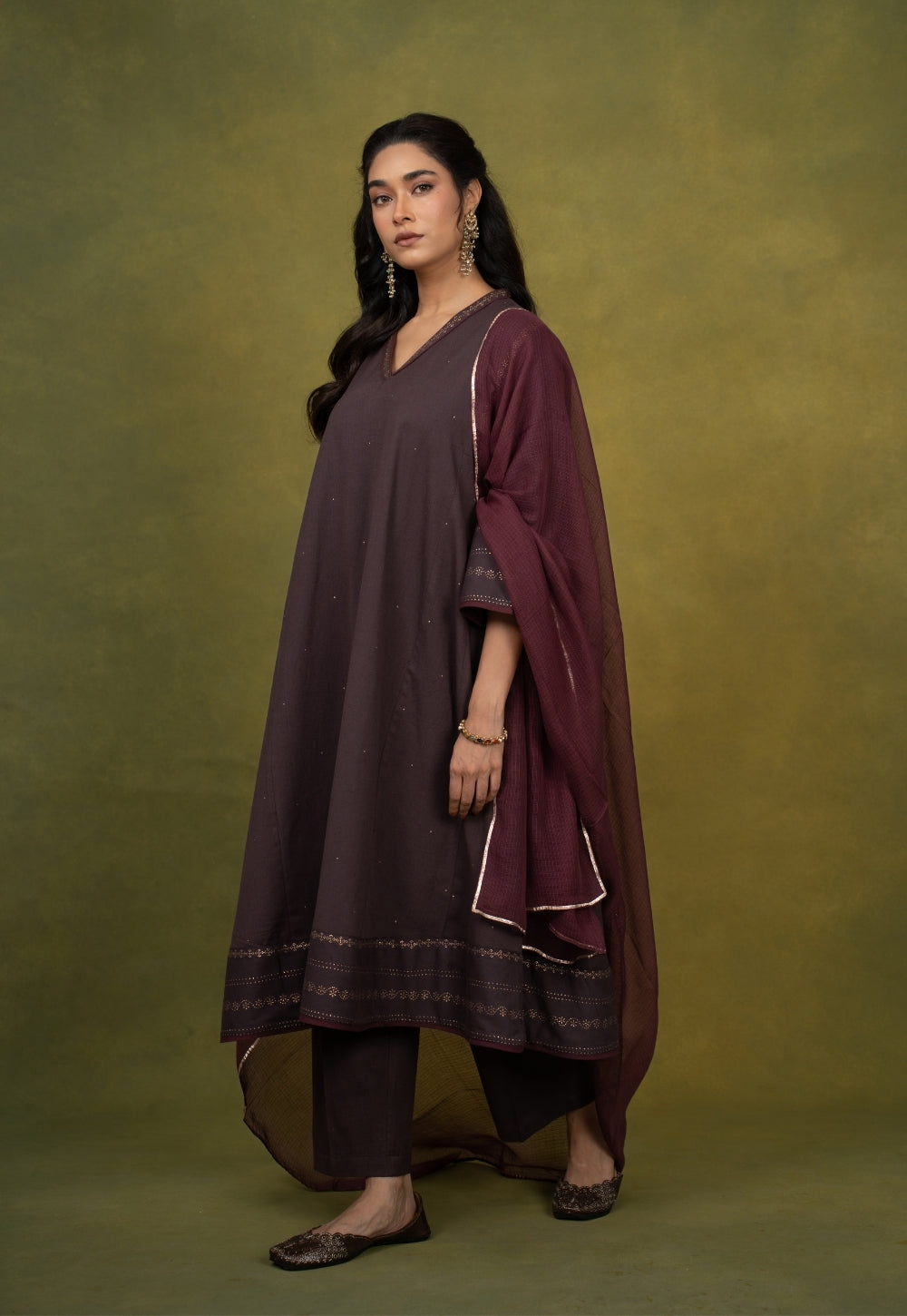 Zohra Aubergine Rogan Handblock Printed Cotton Jhabbha Kali Kurta Suit Set (Set of 3)