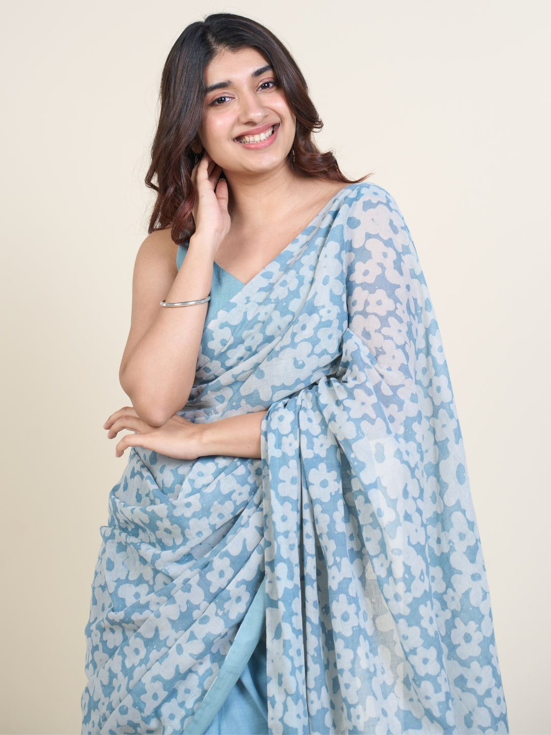 Warisha Blue Batik Hand Block Print Mul Cotton Saree with Embroidery