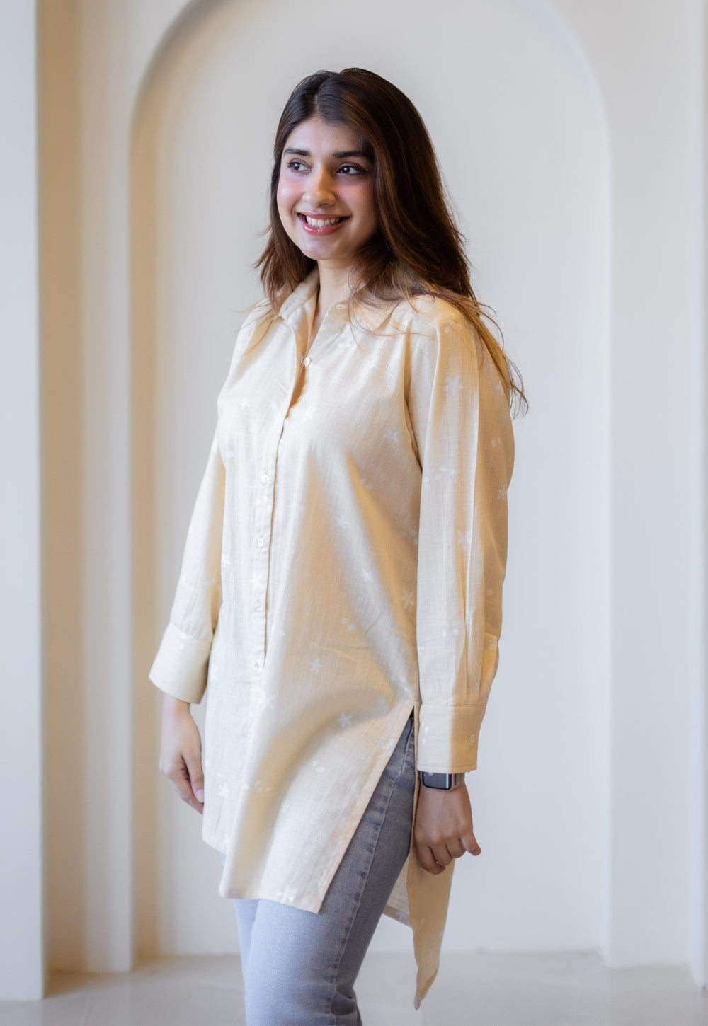 Meera Beige Hand Block Print Slub Cotton A Line Short Top