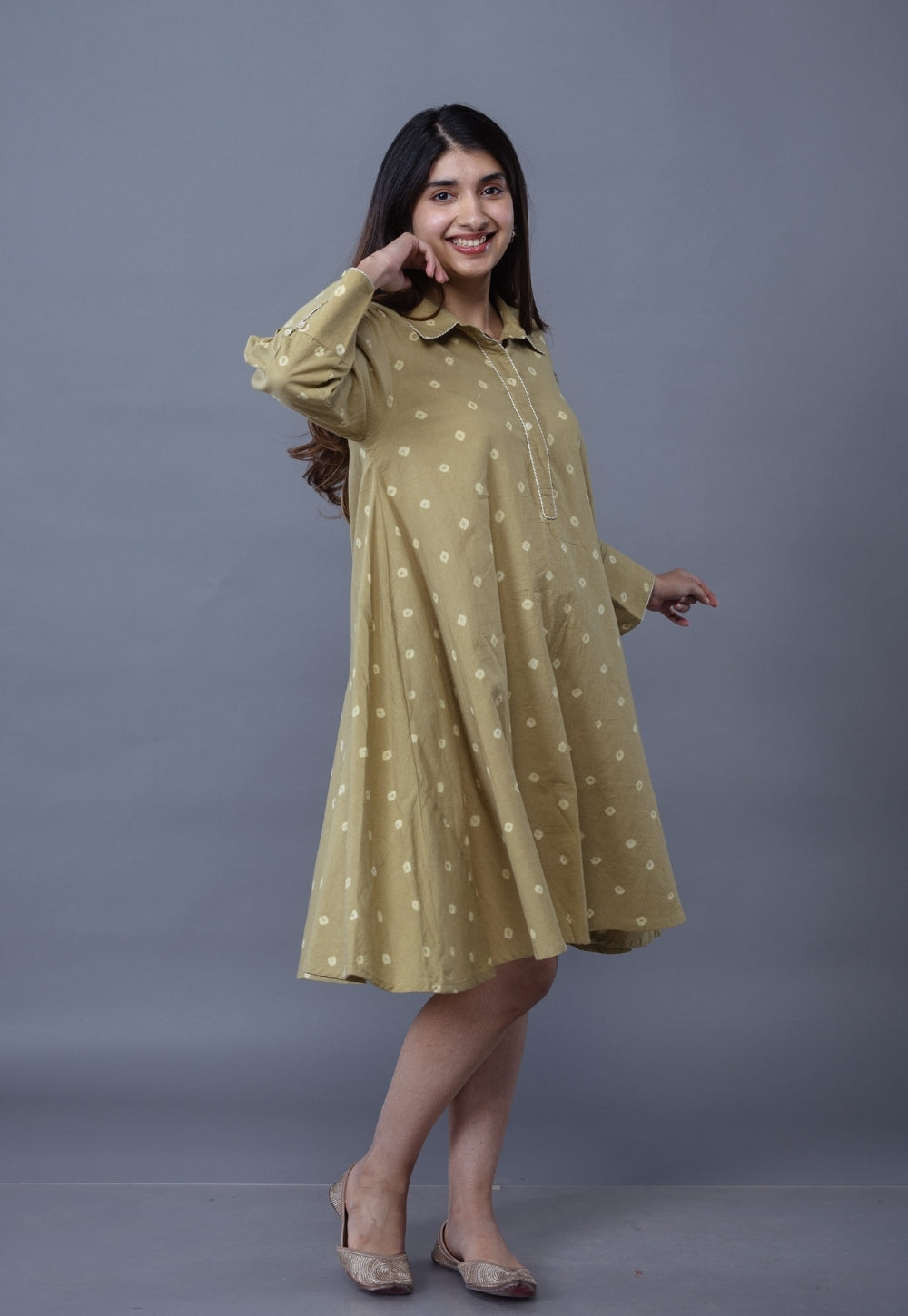 Srisha Green Bandhani Cotton A Line Dress