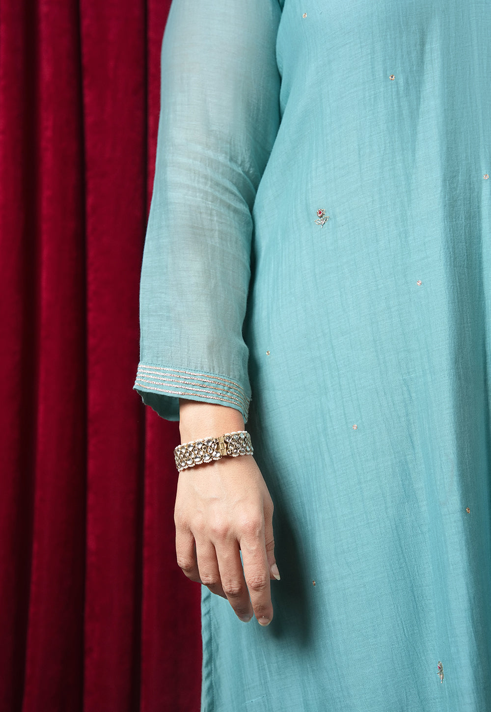 Nitara Blue Solid Chanderi Silk A Line Kurta with Hand Embroidery