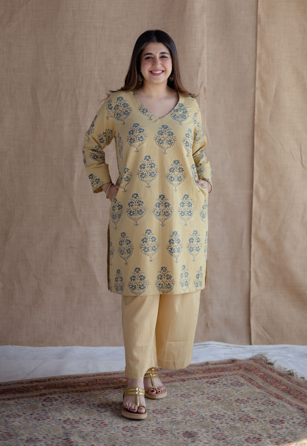 Kavya Yellow Ajrakh Cotton Straight Suit Set (Set of 3)