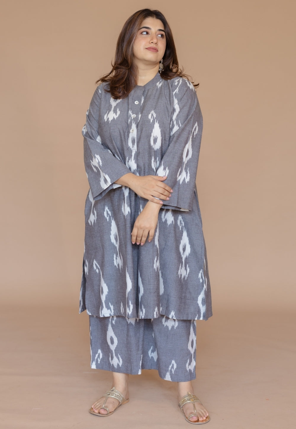 Ayaat Grey Handloom Ikkat Cotton Straight Co-Ord Set
