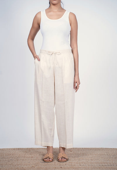 Yashi White Solid Slub Cotton Straight Pant