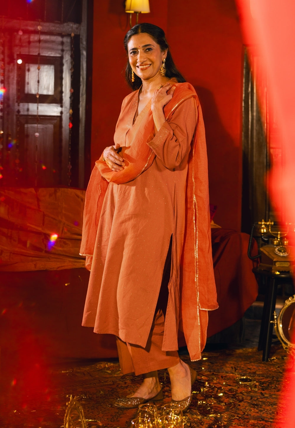 Sakhi Orange Rogan Handblock Printed Cotton Flex Suit Set (Set of 3)