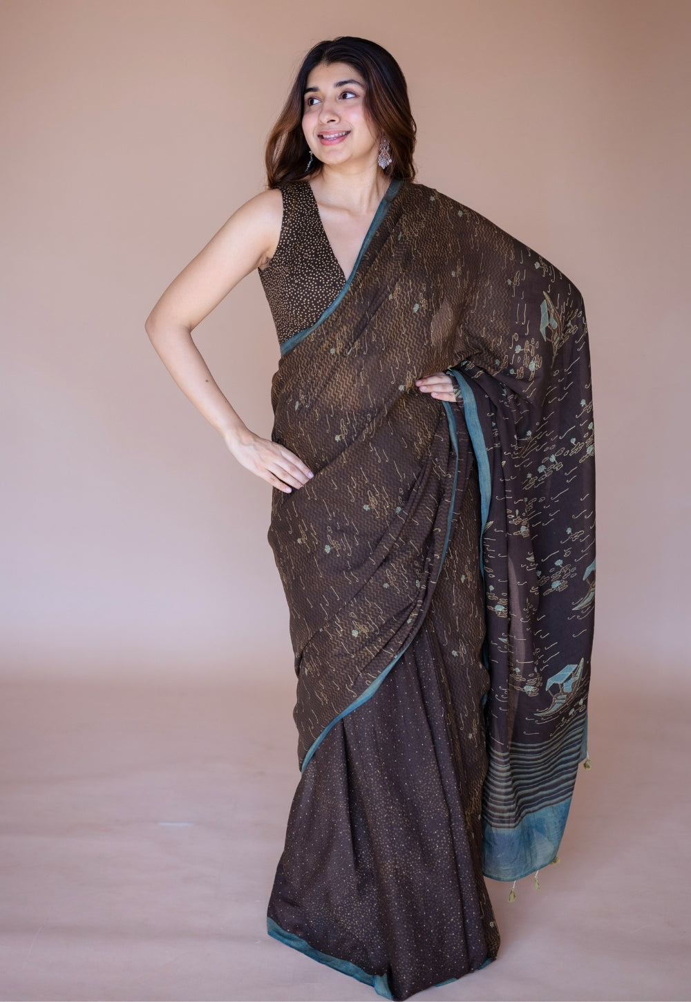 Brown Boat Ajrakh Hand Block Print Mul Saree