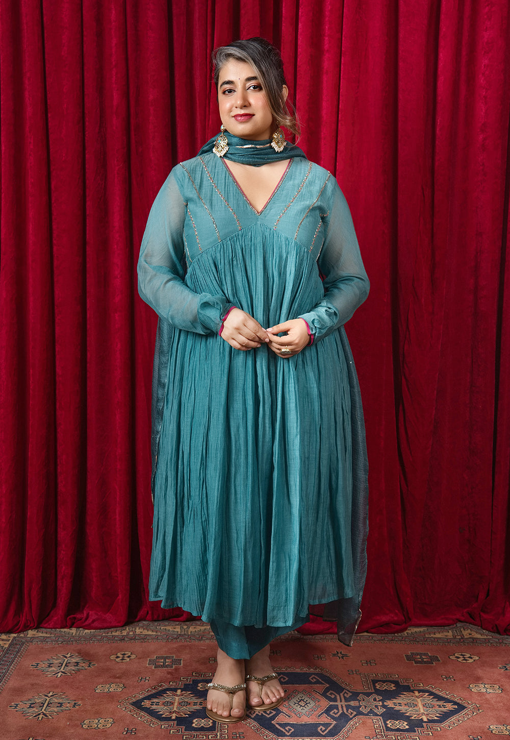 Urmi Green Solid Chanderi Silk Kali Kurta with Hand Embroidery