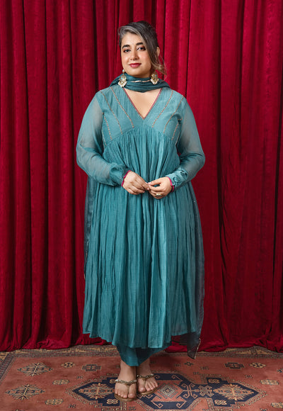 Urmi Green Solid Chanderi Silk Kali Kurta with Hand Embroidery