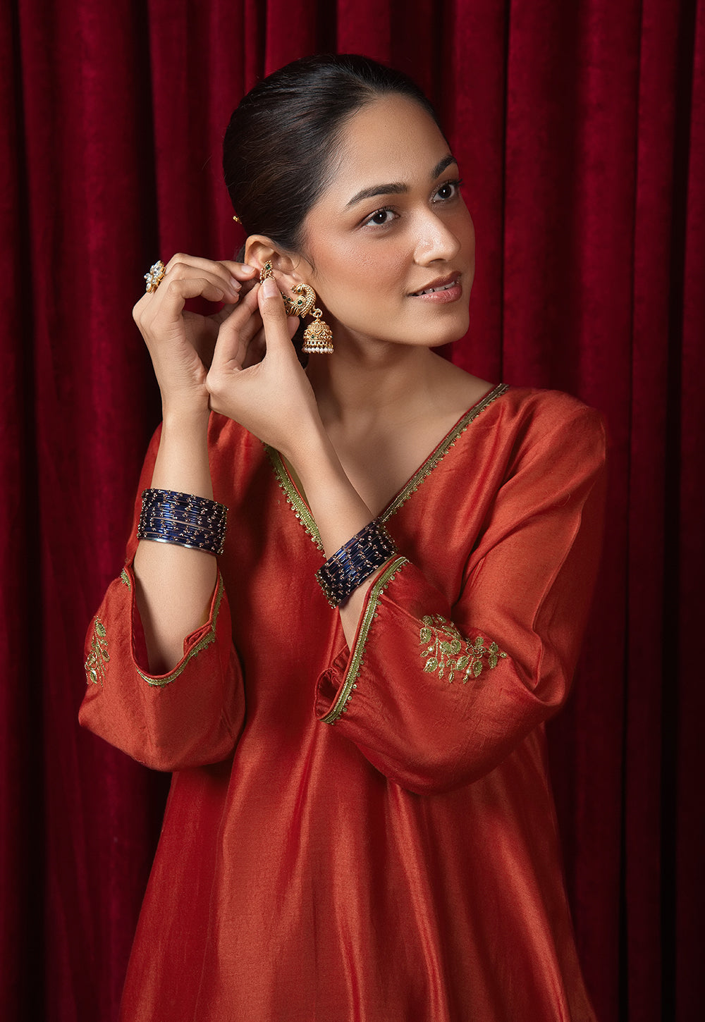 Amita Red Solid Chanderi Silk A Line kurta with Hand Embroidery