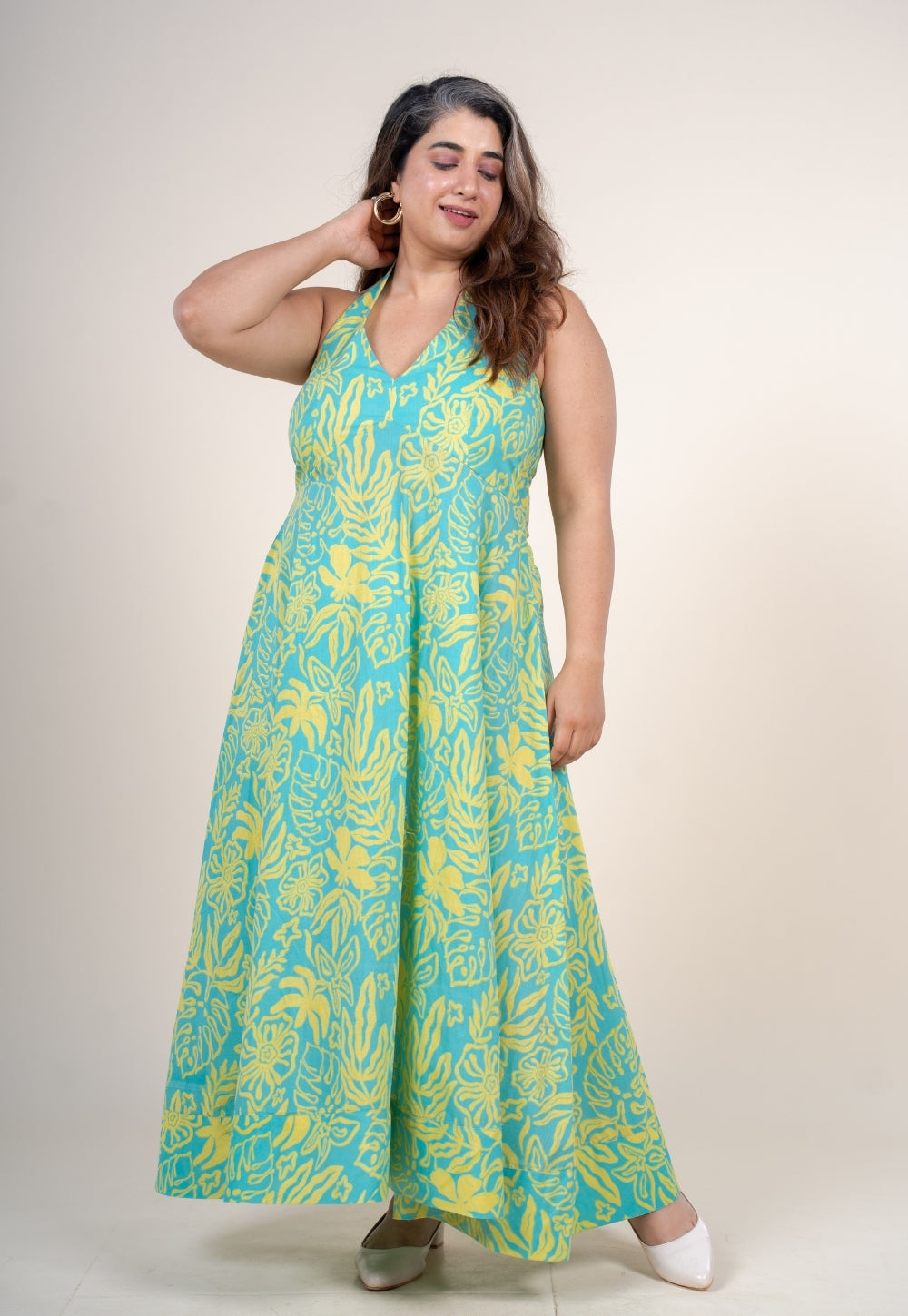 Mihira Blue Turquoise Printed Cotton A Line Dress