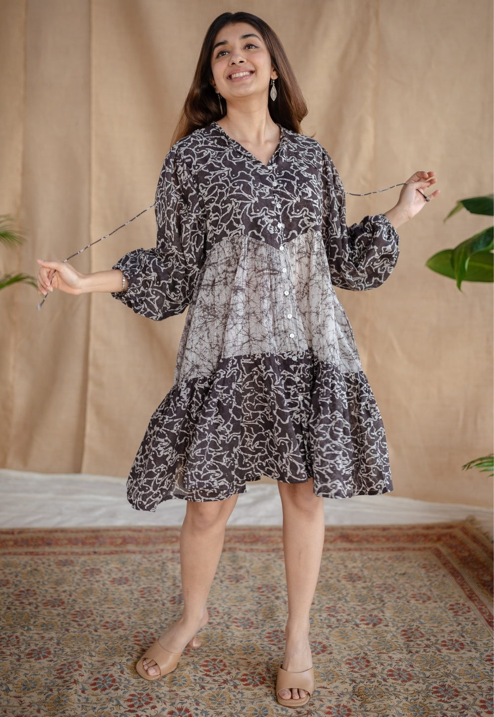 Yuvani Charcoal Batik MulMul Cotton Loose Dress with Slip