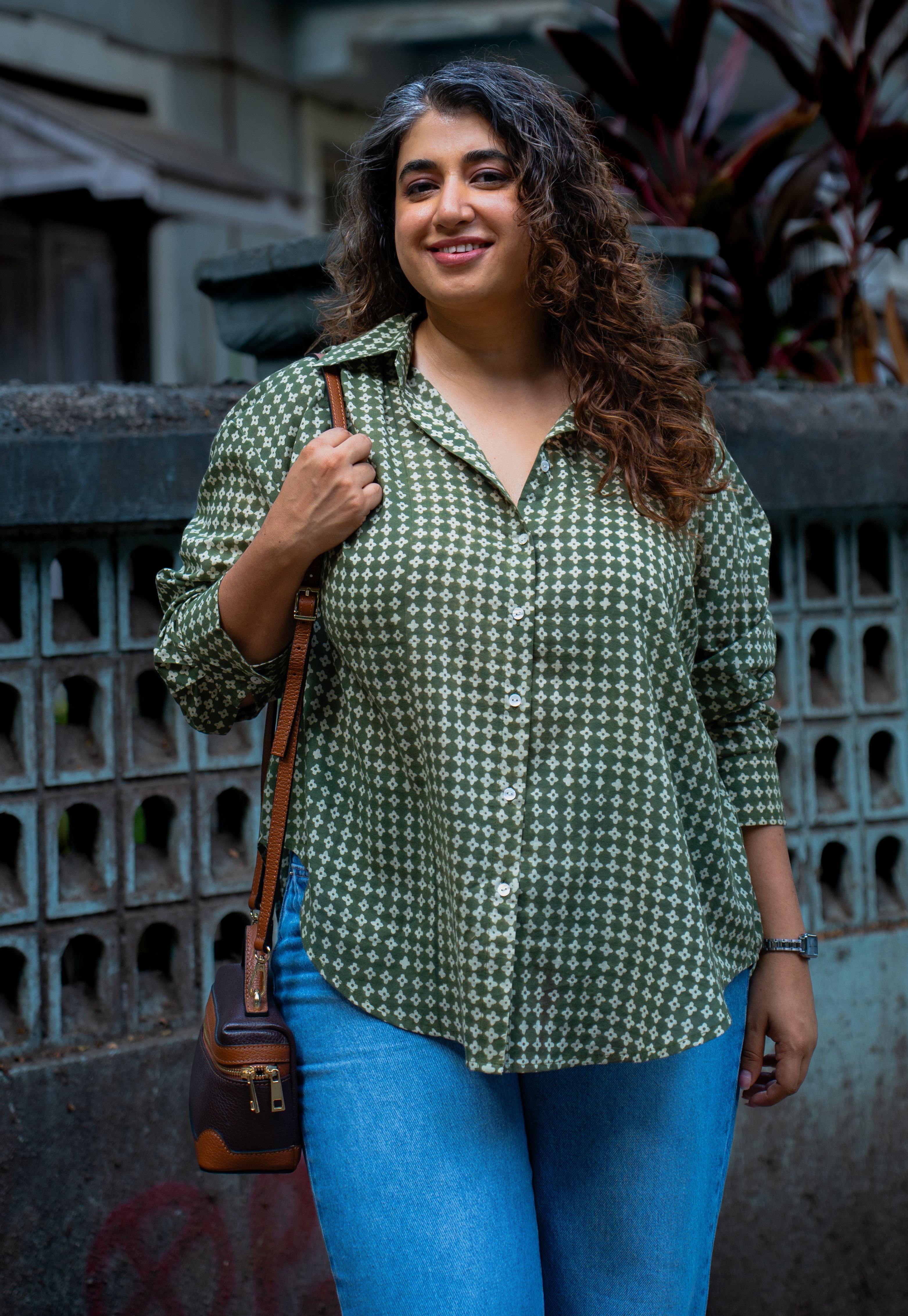 Ruhi Green Bagru Cotton Straight Shirt