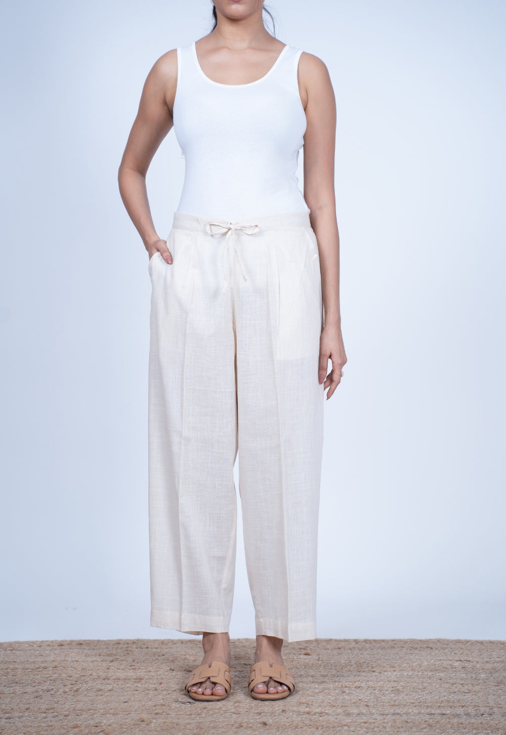 Yashi White Solid Slub Cotton Straight Pant