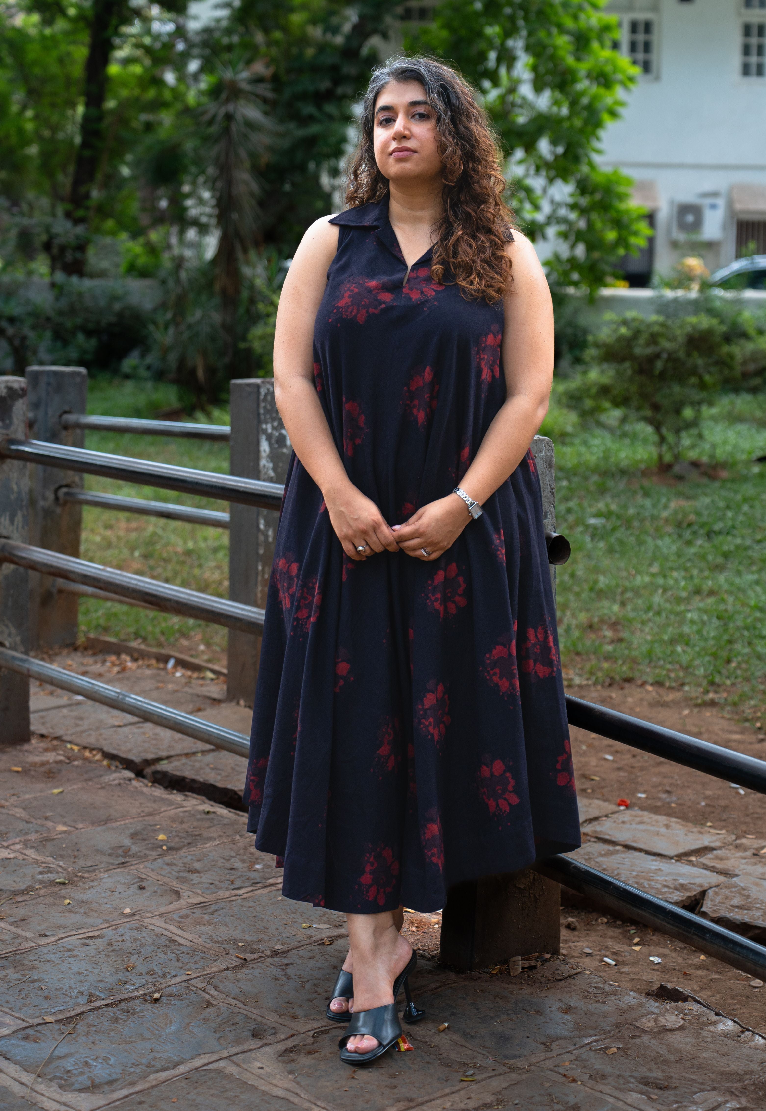 Arya Black Dabu Slub Cotton A Line Dress