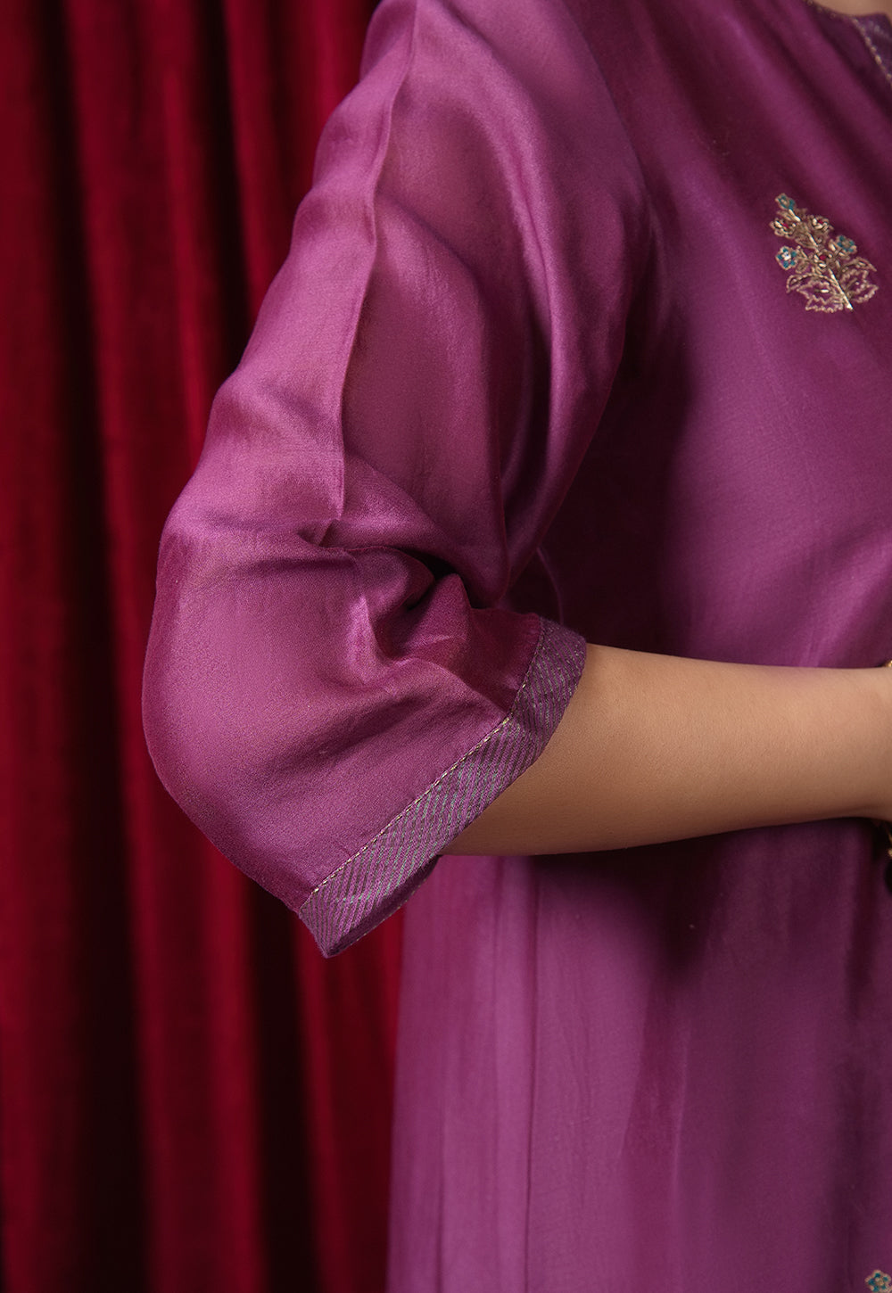 Tarani Purple Solid Chanderi Silk A Line Kurta with Hand Embroidery