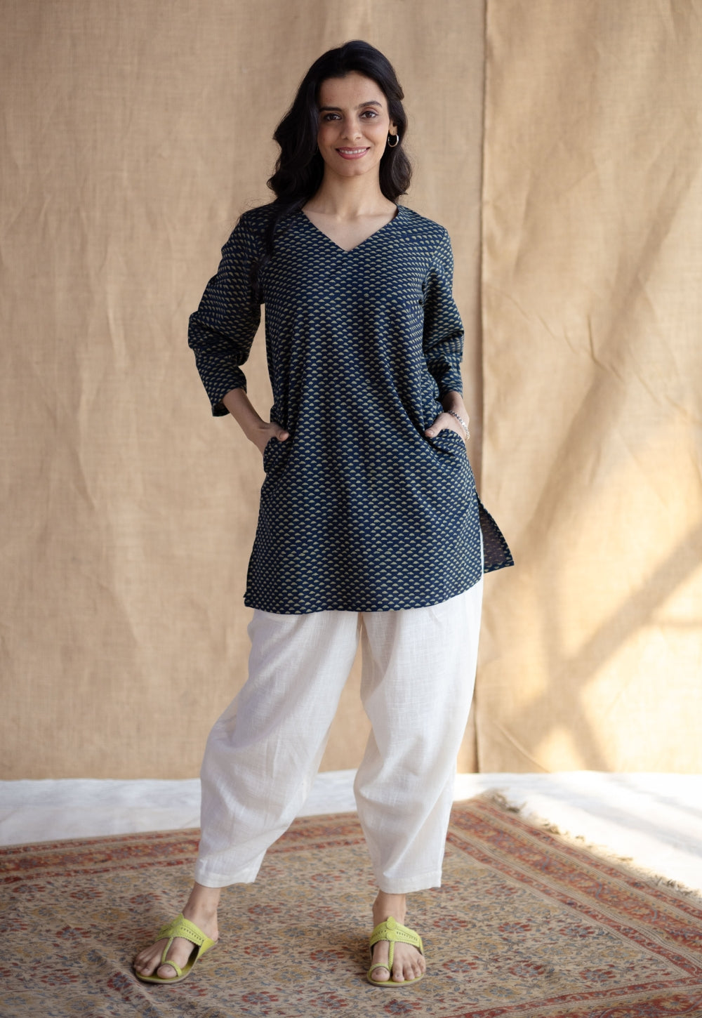 Sahar Indigo Ajrakh Cotton Straight Short Top