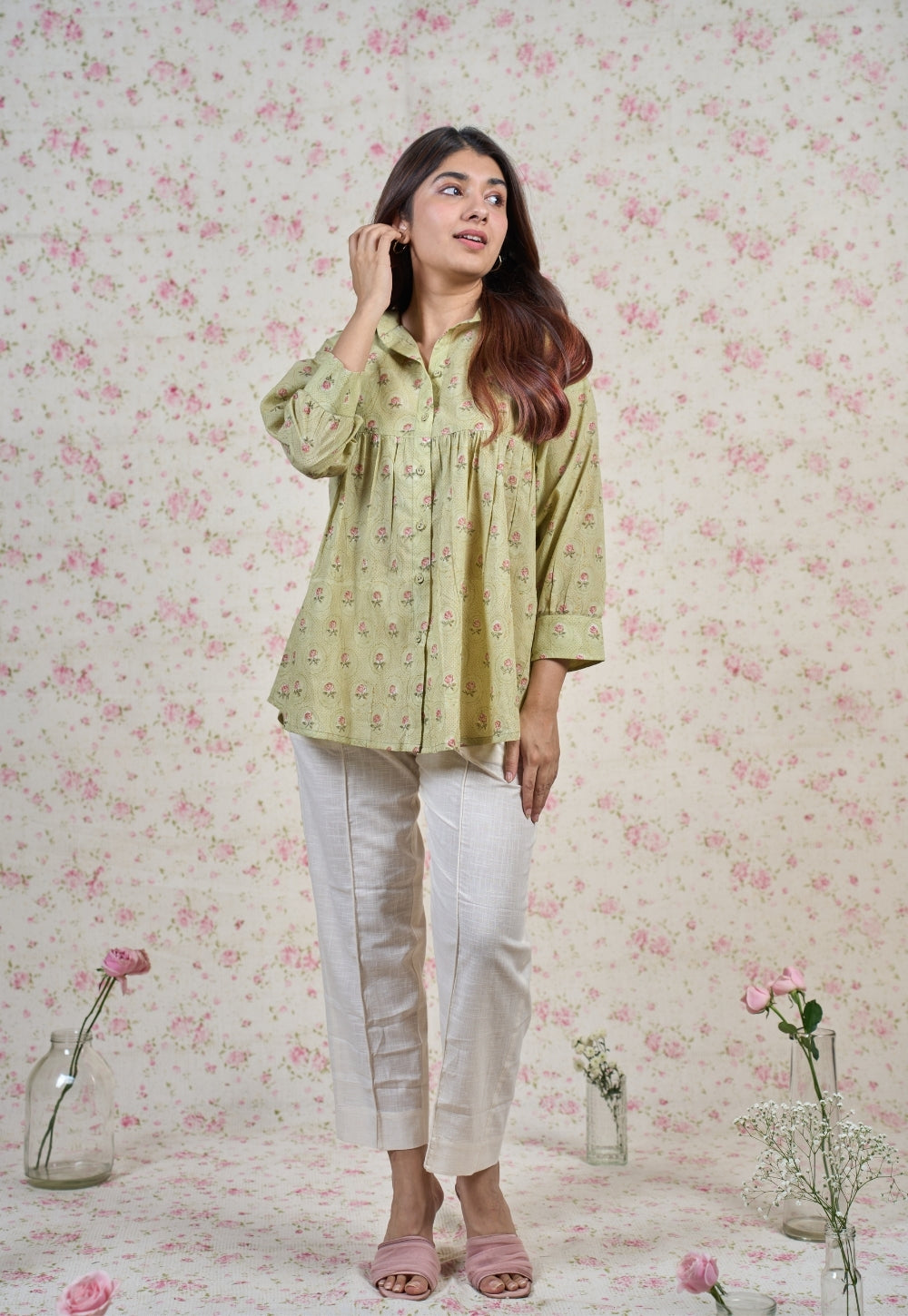 Enola Green Sanganeri Mul Cotton Straight Short Top
