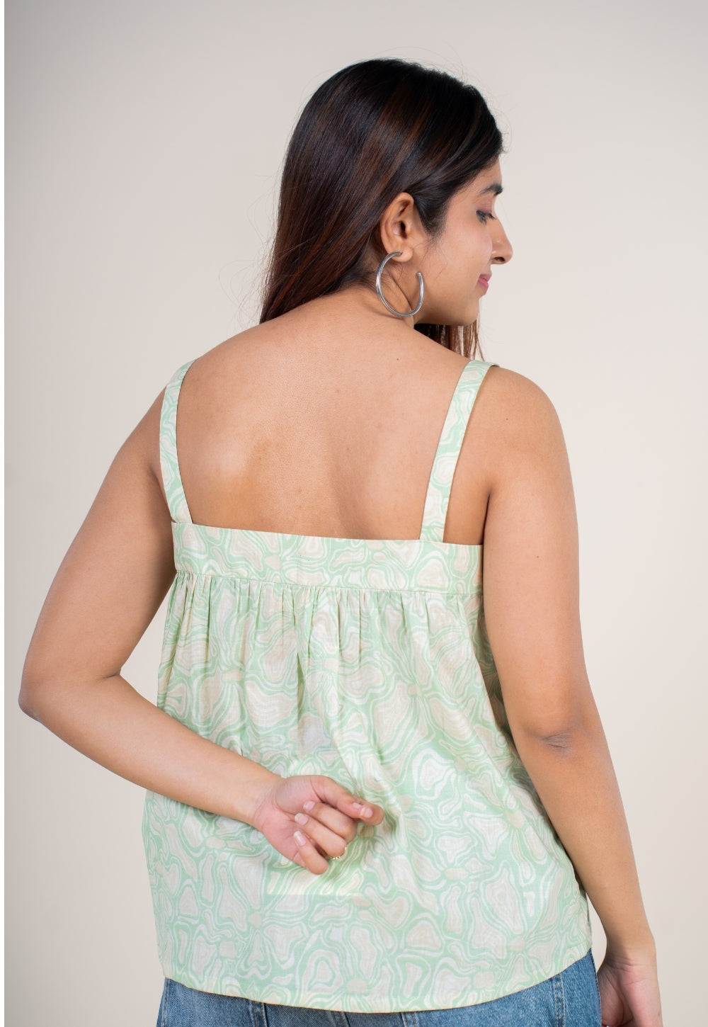 Sumin Mint Green Printed Cotton Straight Short Top