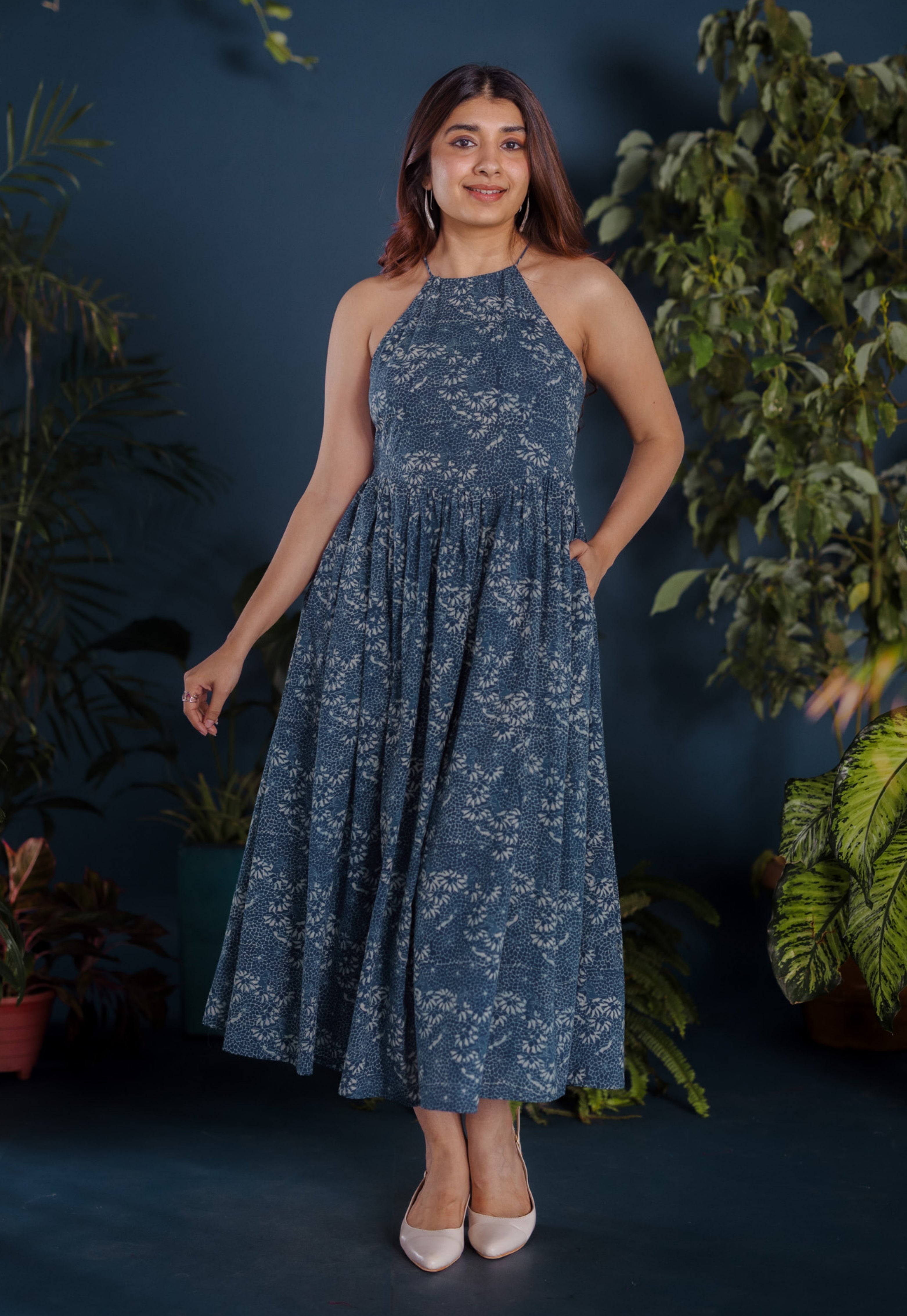 Roshni Blue Ajrakh Cotton A Line Dress