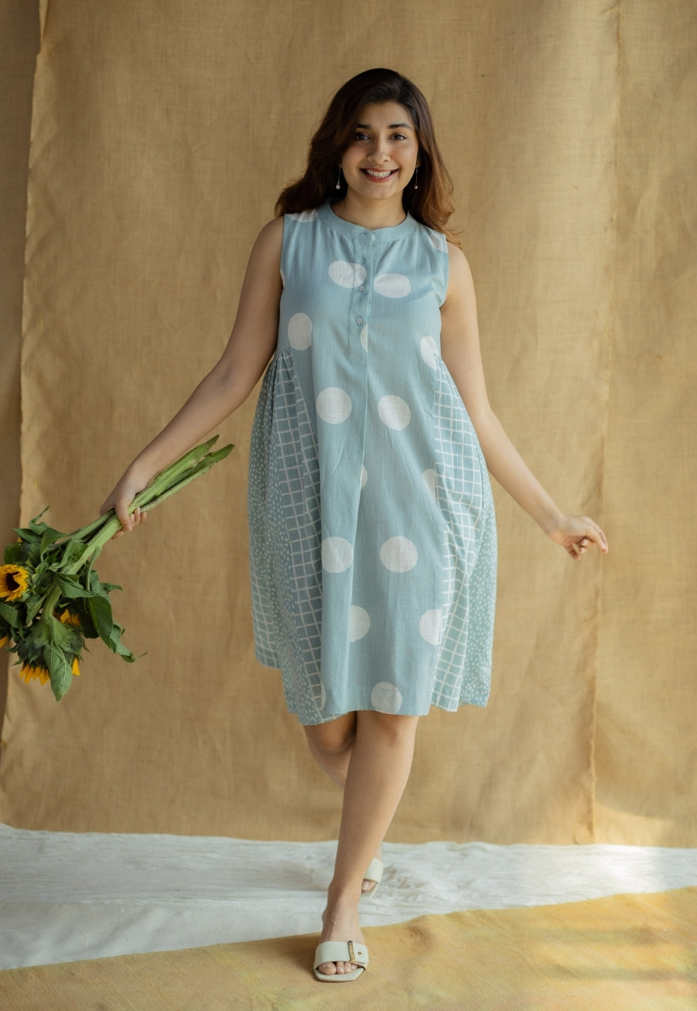 Fariyah Sky Blue Hand Block Print Slub Cotton A Line Dress