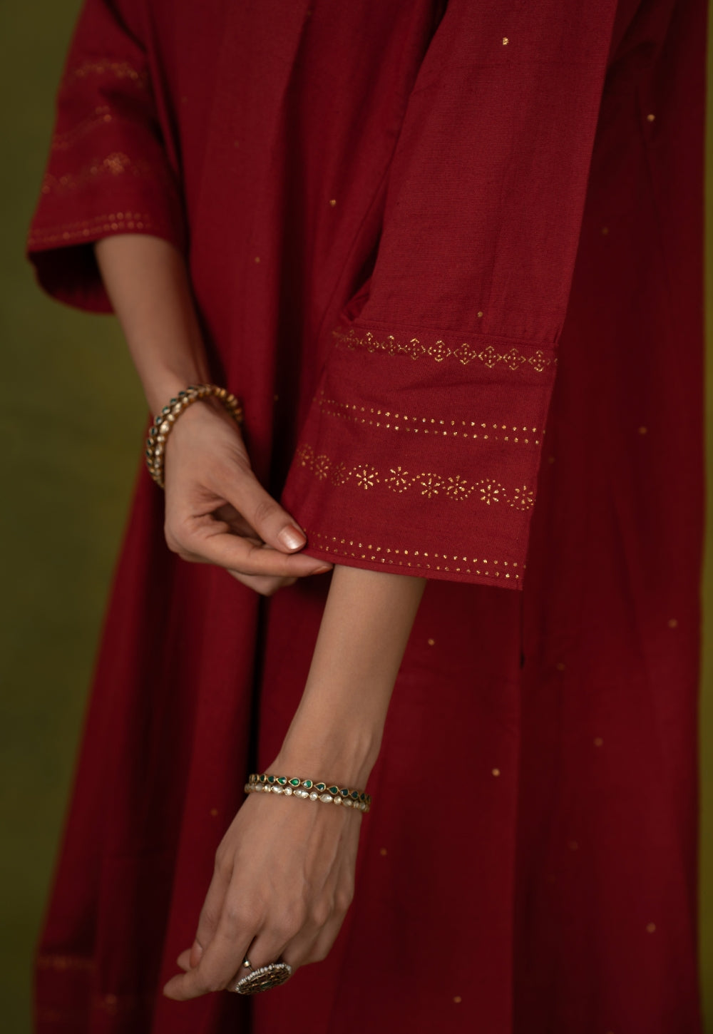 Iqra Red Rogan Handblock Printed Slub Cotton Jhabbha Kali Suit Set (Set of 3)