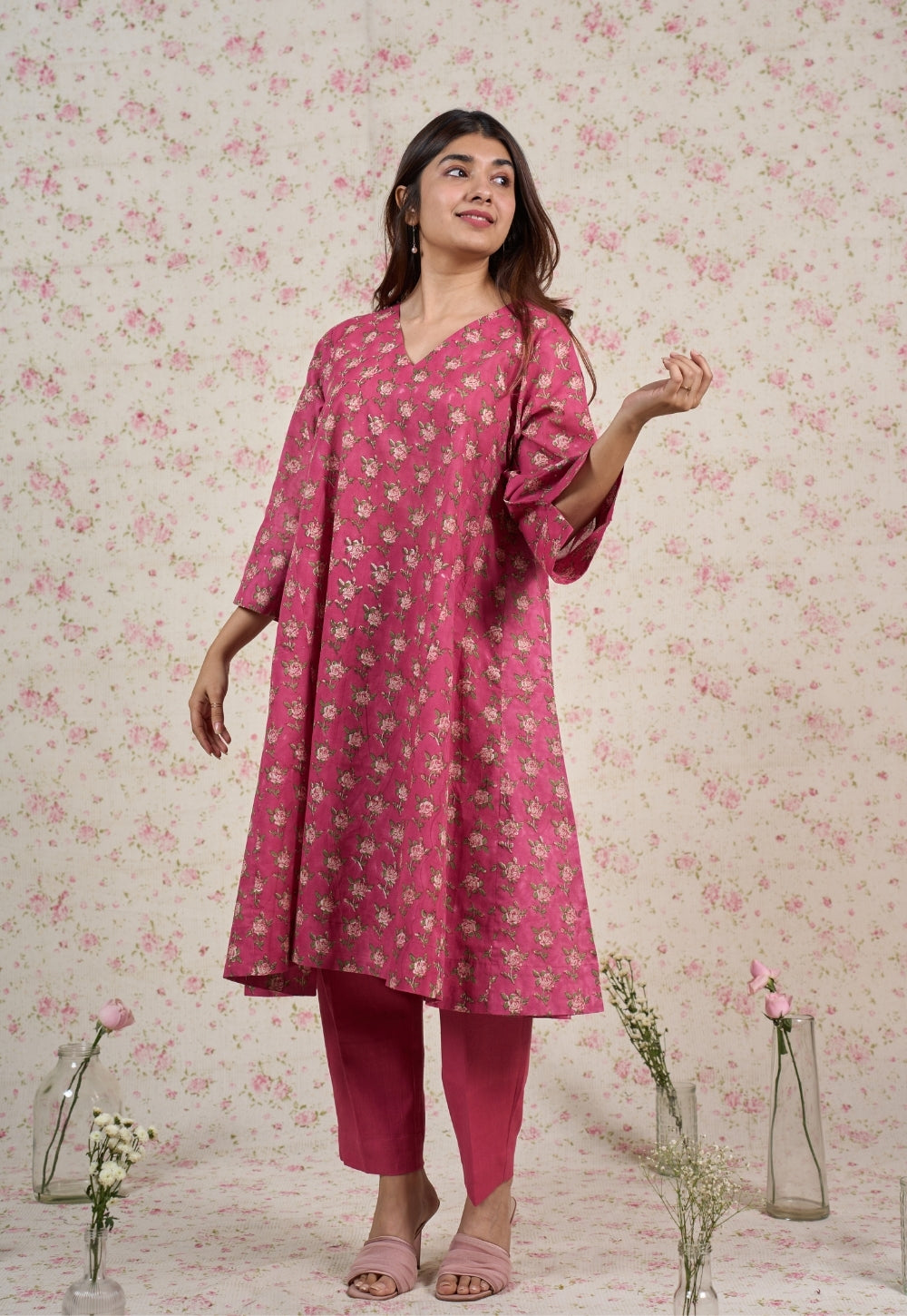 Julia Pink Sanganeri Mul Cotton Jhabbha Kali Kurta