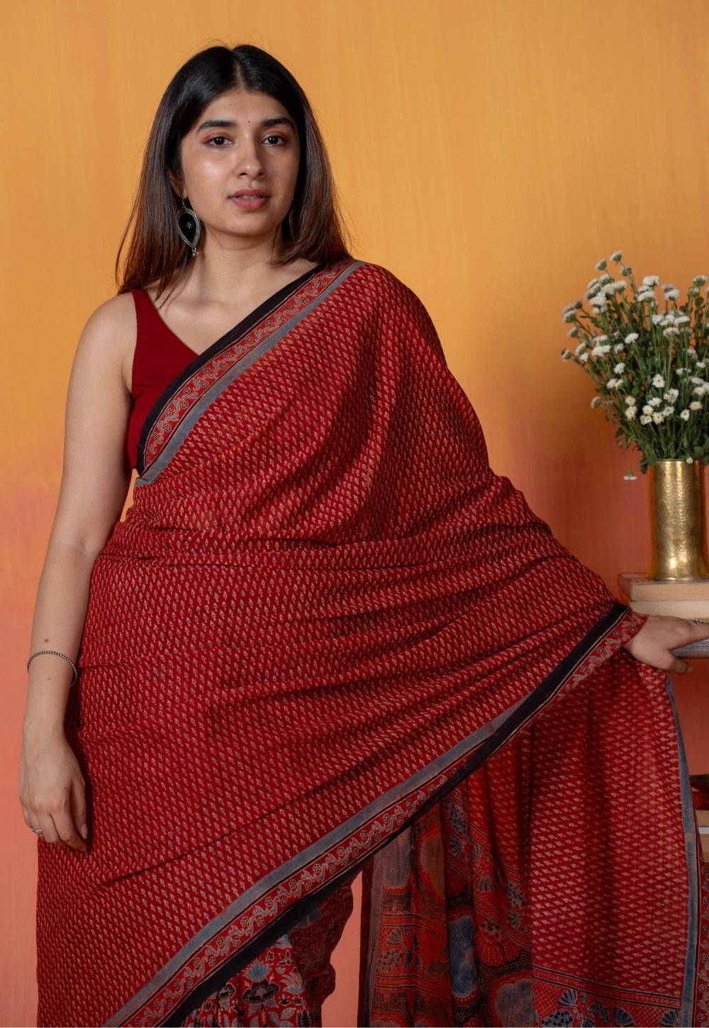 Red Mug Butti Ajrakh Hand Block Print Mul Saree