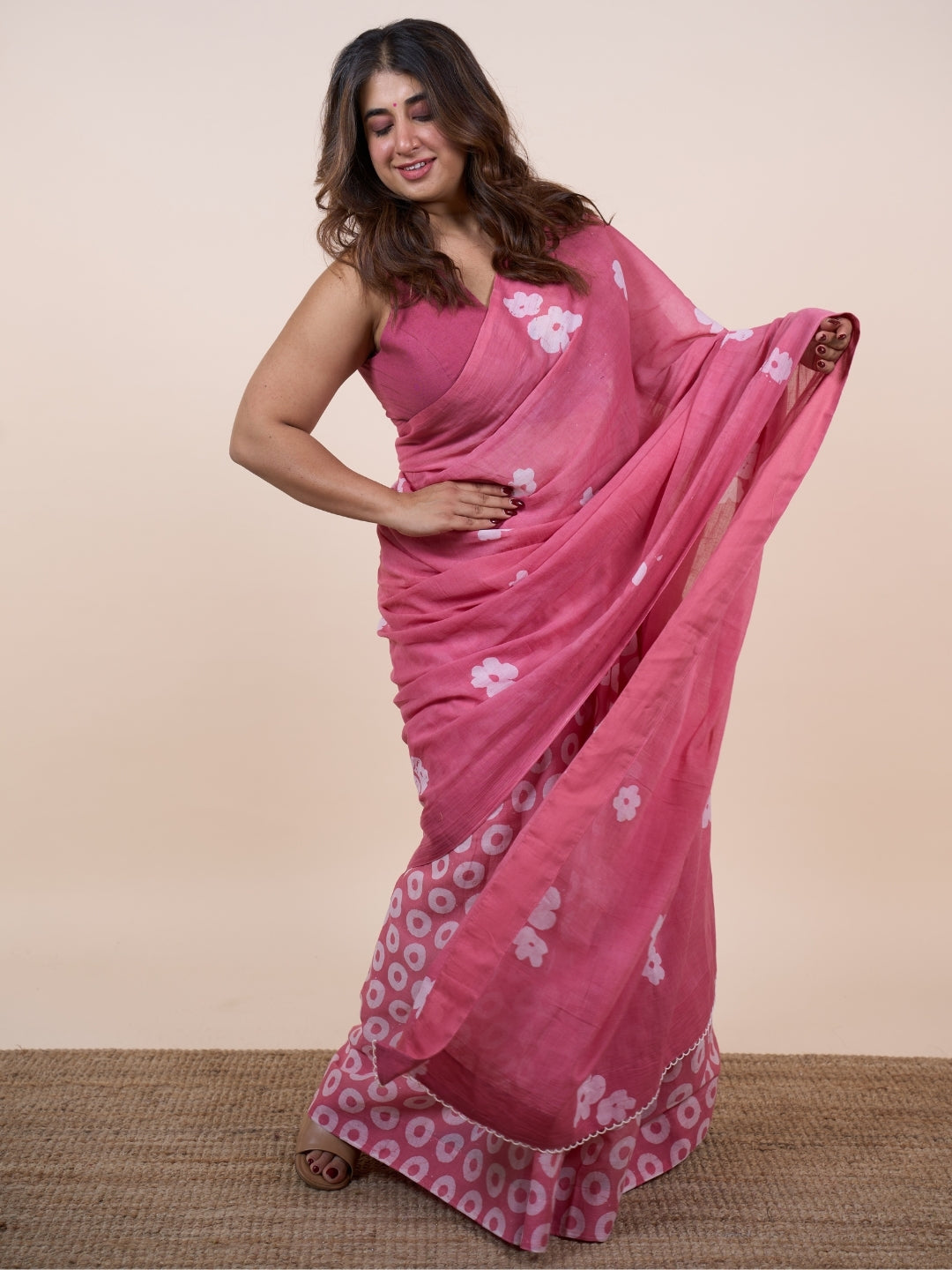 Dania Pink Batik Hand Block Print Mul Cotton Saree with Embroidery