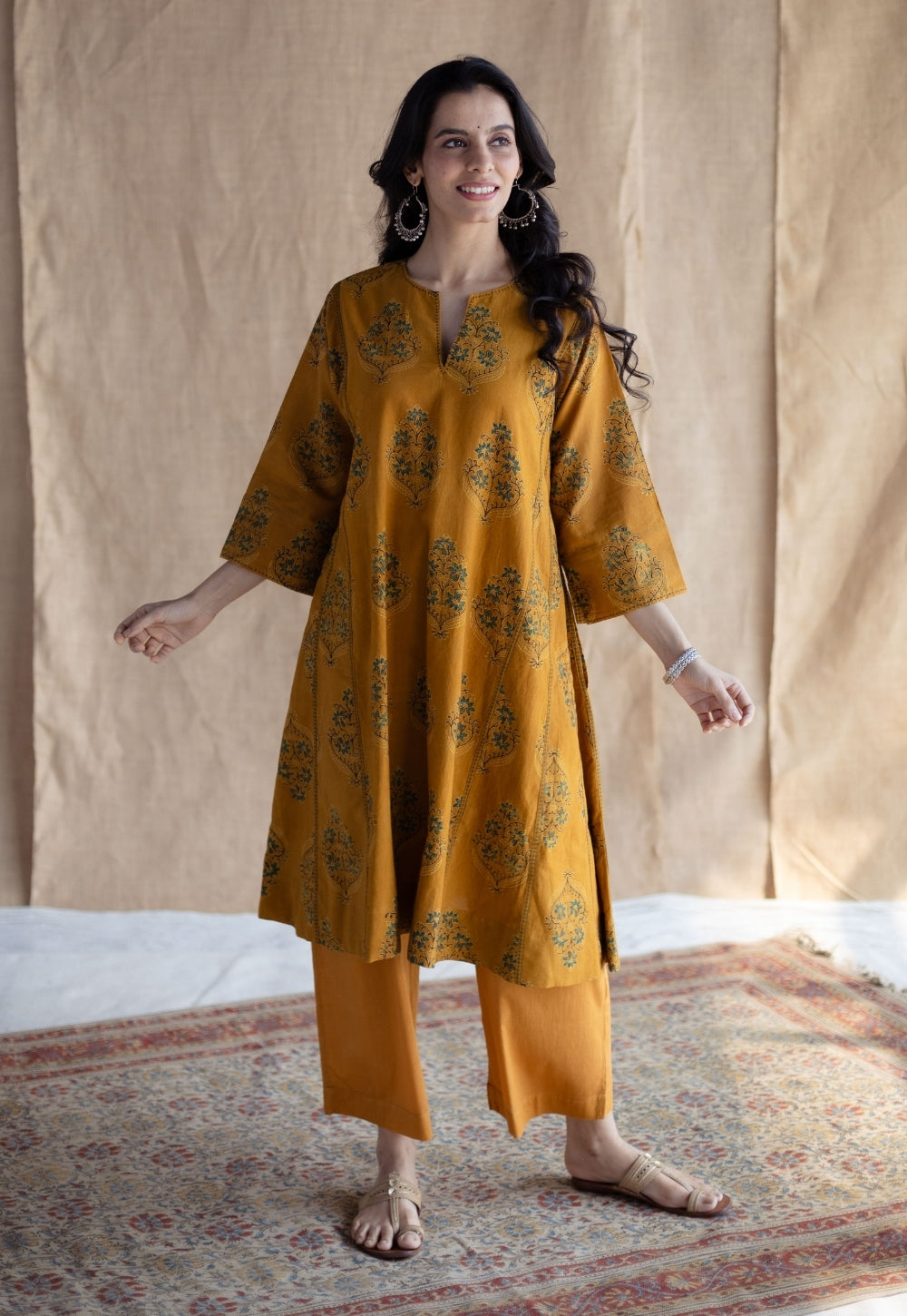 Trisha Mustard Ajrakh Cotton Jhabbha Kali Suit Set (Set of 3)