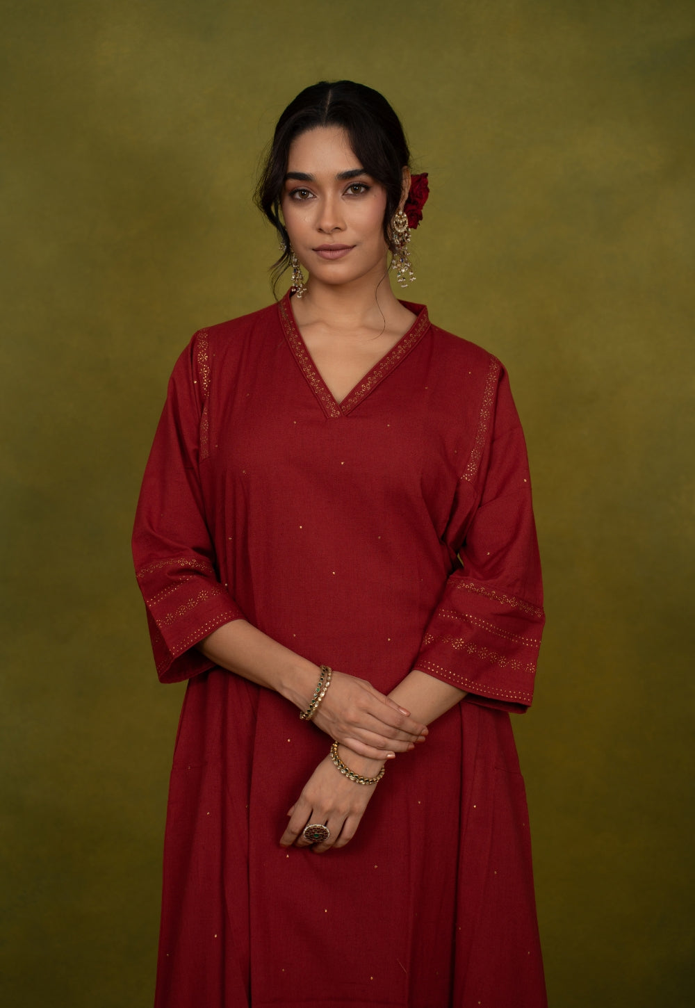 Iqra Red Rogan Handblock Printed Slub Cotton Jhabbha Kali Suit Set (Set of 3)