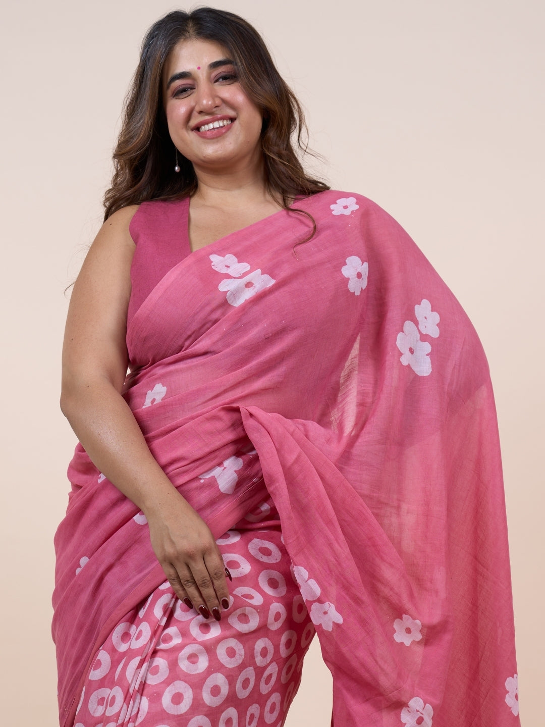 Dania Pink Batik Hand Block Print Mul Cotton Saree with Embroidery