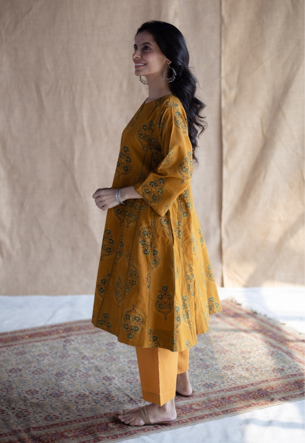 Trisha Mustard Ajrakh Cotton Jhabbha Kali Suit Set (Set of 3)