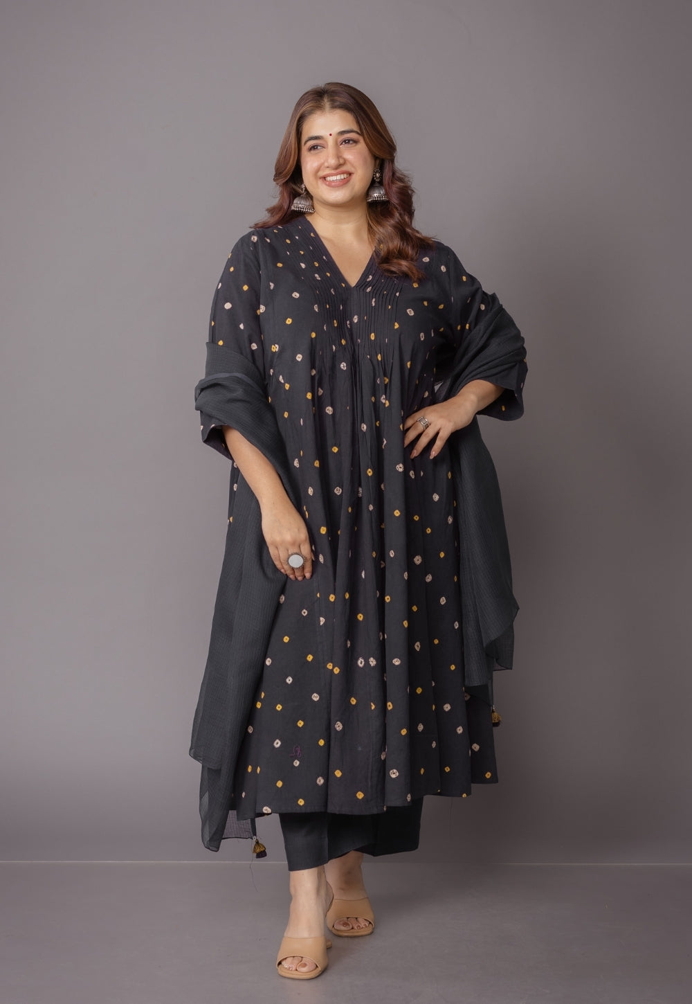 Urvi Black Bandhani Cotton A Line Kurta