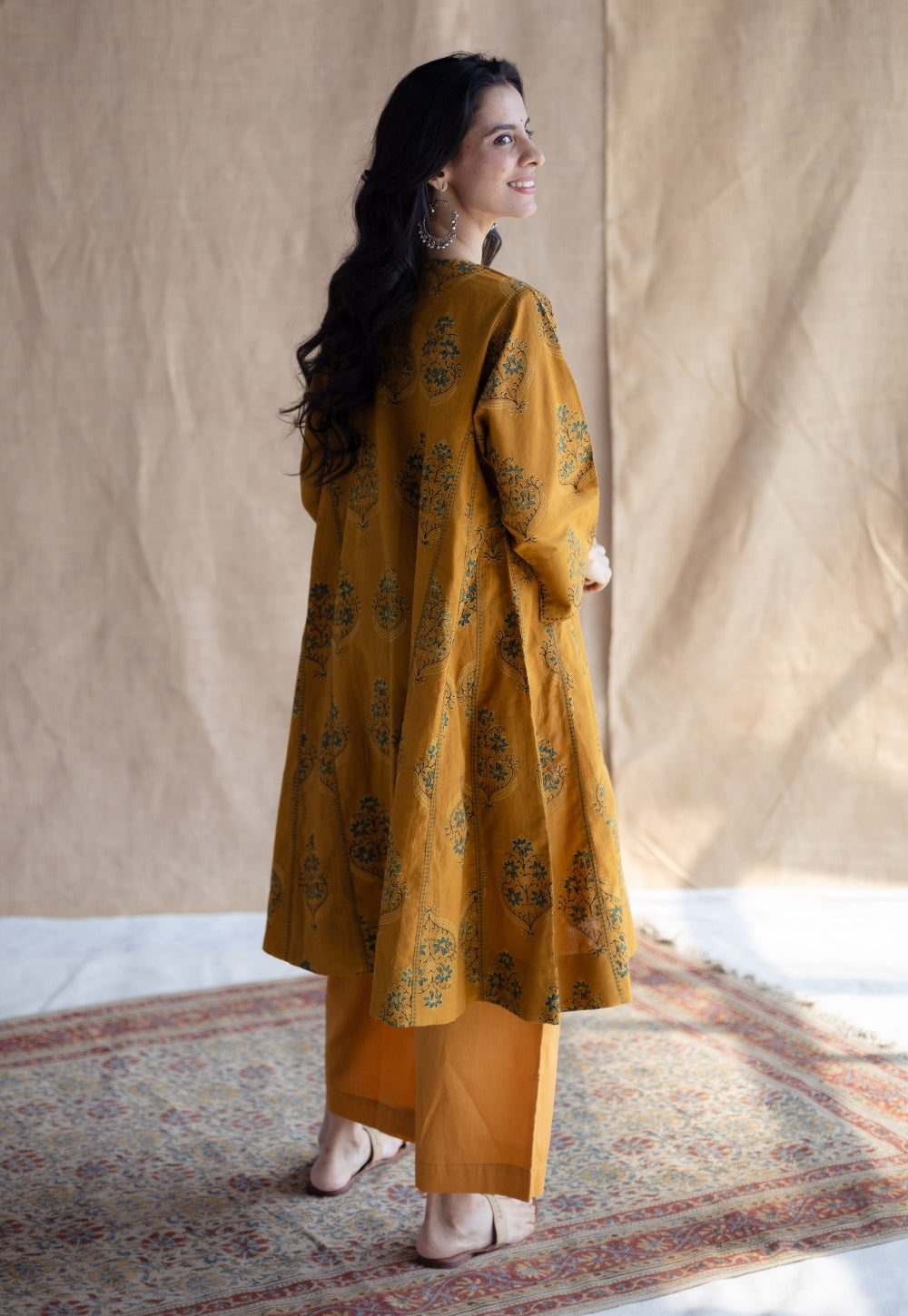 Trisha Mustard Ajrakh Cotton Jhabbha Kali Suit Set (Set of 3)