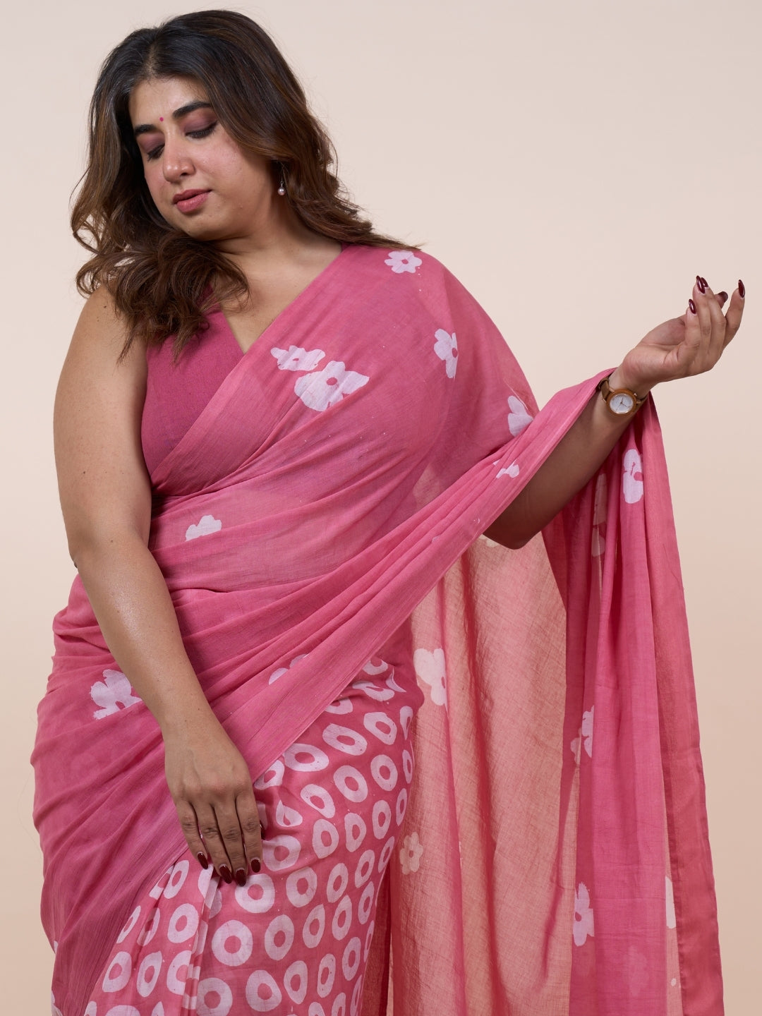 Dania Pink Batik Hand Block Print Mul Cotton Saree with Embroidery