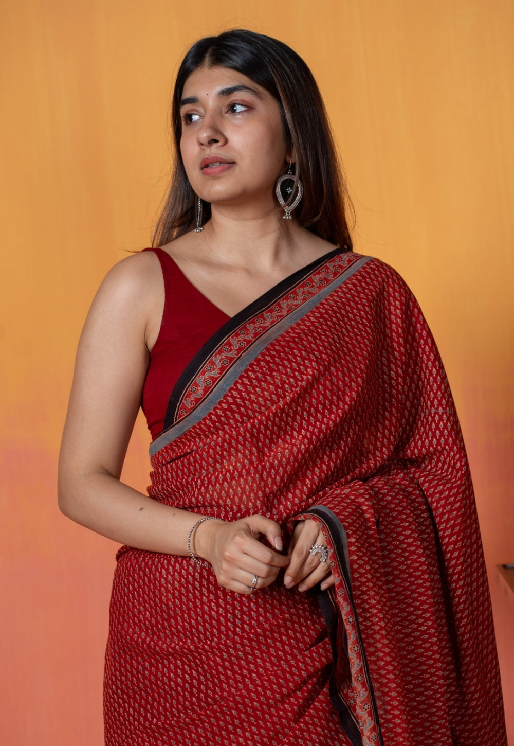 Red Mug Butti Ajrakh Hand Block Print Mul Saree