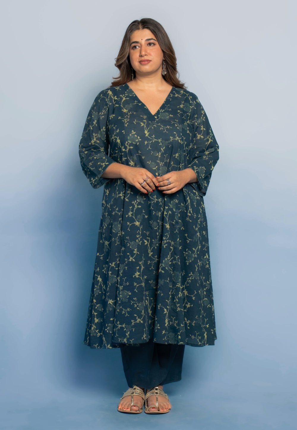 Smriti Teal Blue Dabu Mul Cotton Kali Kurta