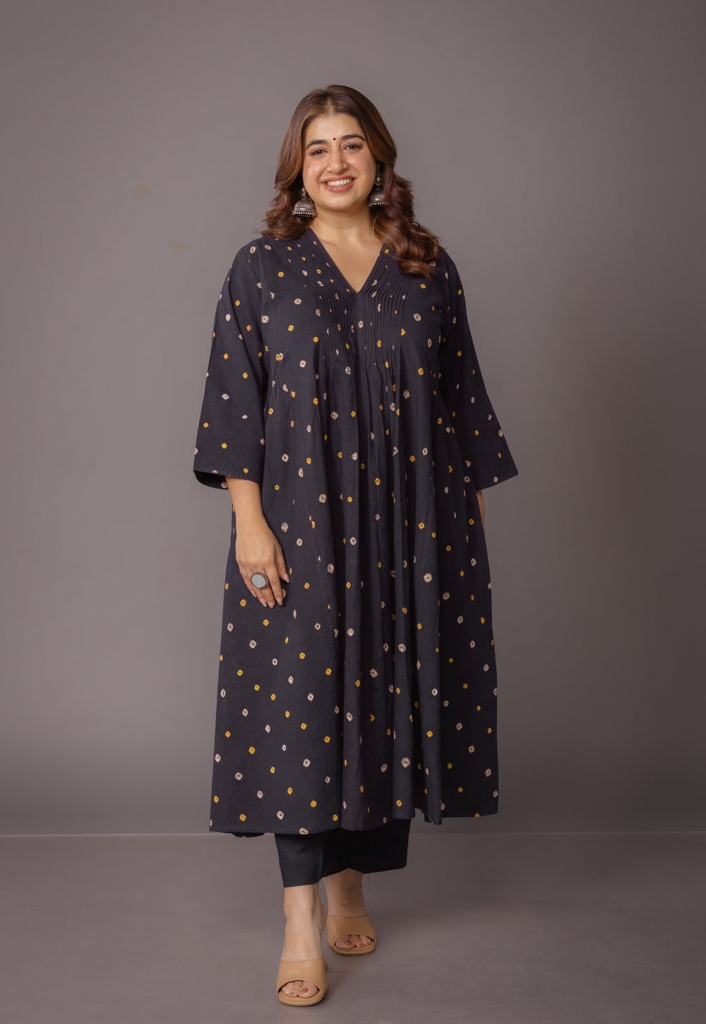 Urvi Black Bandhani Cotton A Line Kurta