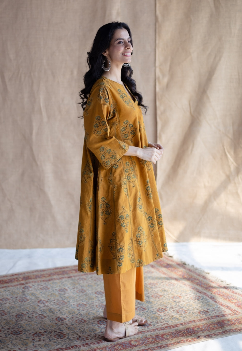 Trisha Mustard Ajrakh Cotton Jhabbha Kali Suit Set (Set of 3)
