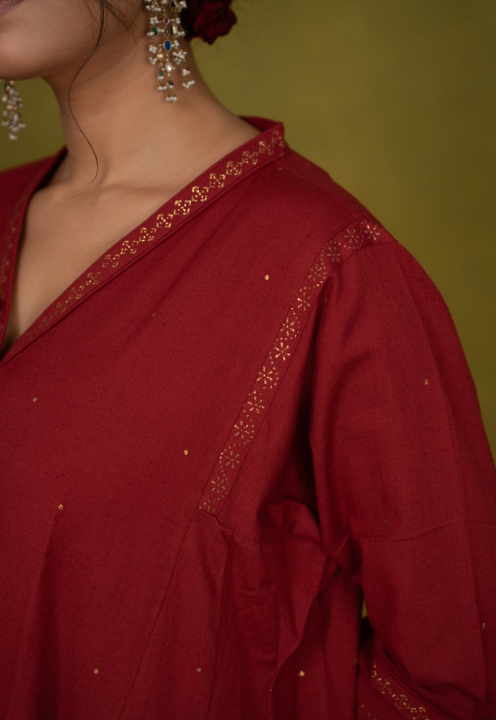 Iqra Red Rogan Handblock Printed Slub Cotton Jhabbha Kali Suit Set (Set of 3)