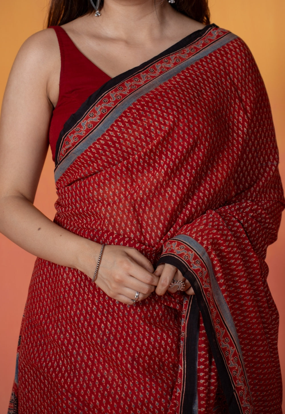 Red Mug Butti Ajrakh Hand Block Print Mul Saree