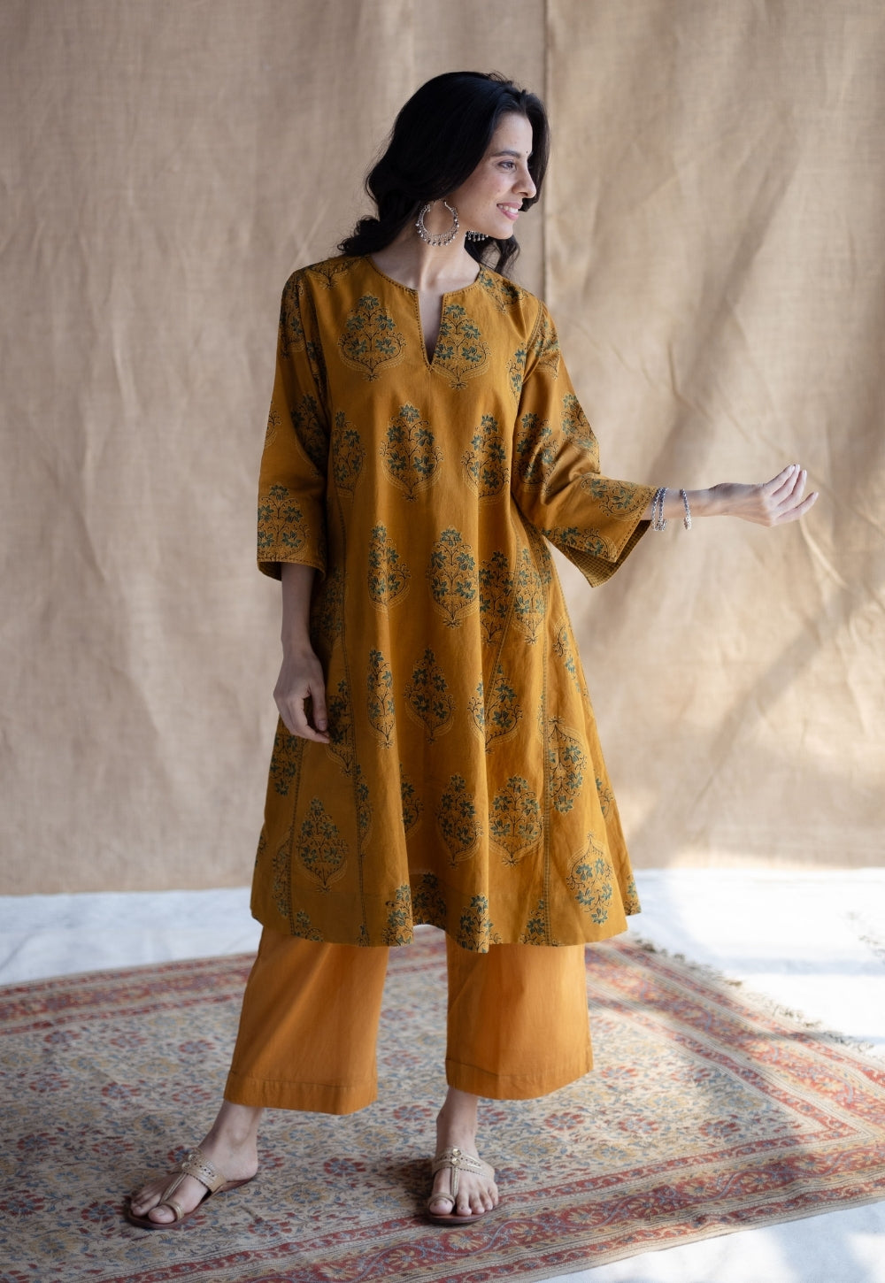 Trisha Mustard Ajrakh Cotton Jhabbha Kali Suit Set (Set of 3)