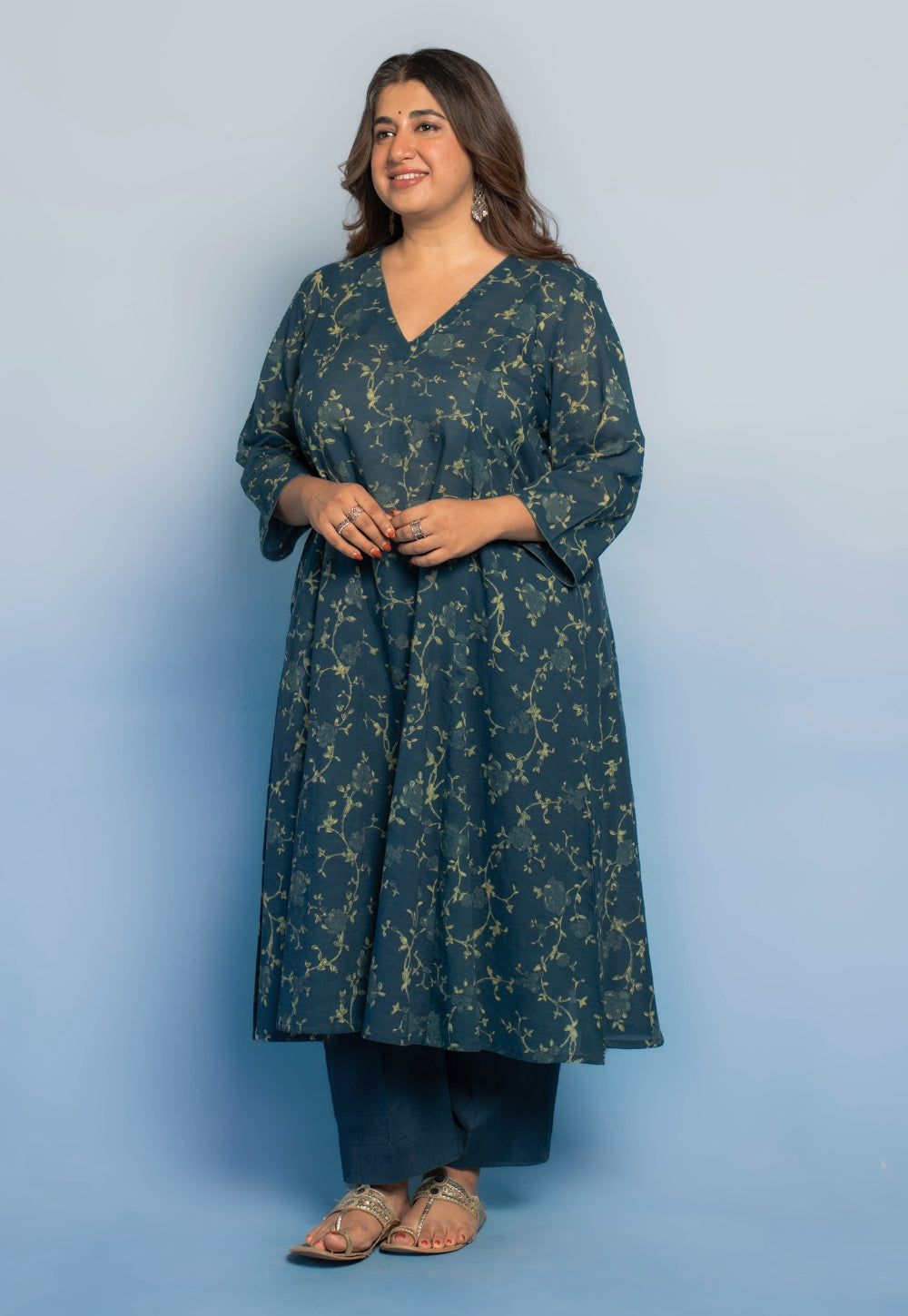 Smriti Teal Blue Dabu Mul Cotton Kali Kurta