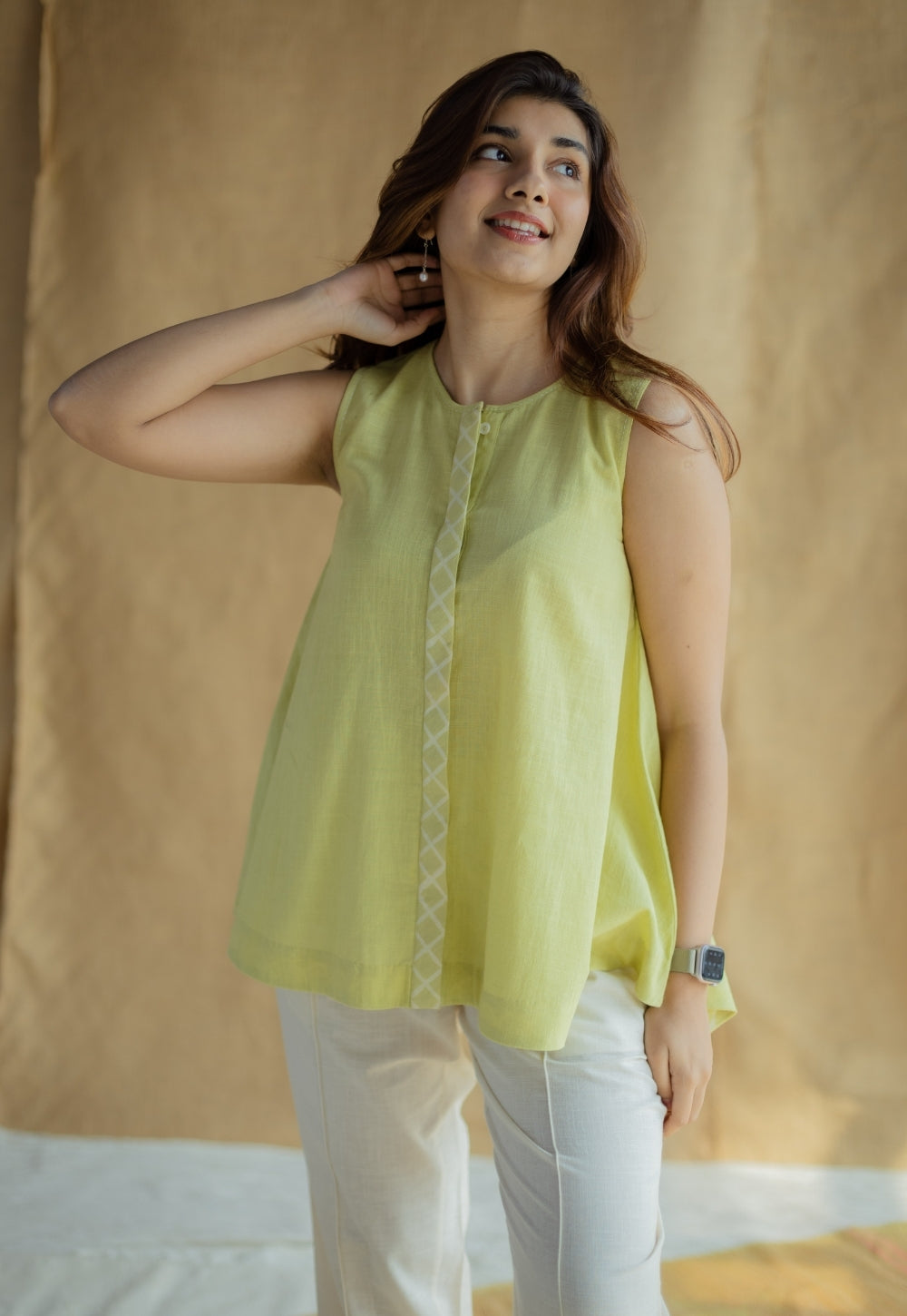 Lina Light Green Solid Slub Cotton A Line Short Top with Hand Embroidery
