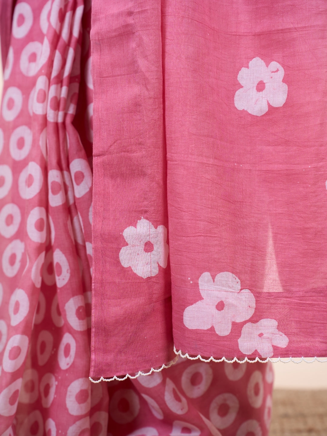 Dania Pink Batik Hand Block Print Mul Cotton Saree with Embroidery