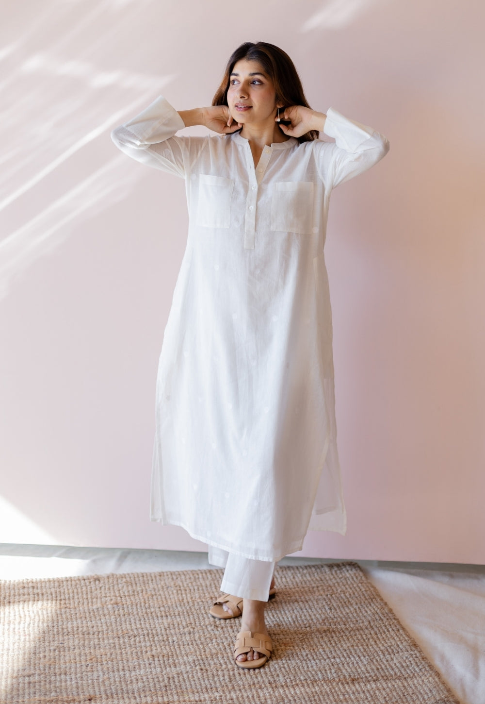 Shreeja White Jamdani Handloom Cotton A Line Kurta