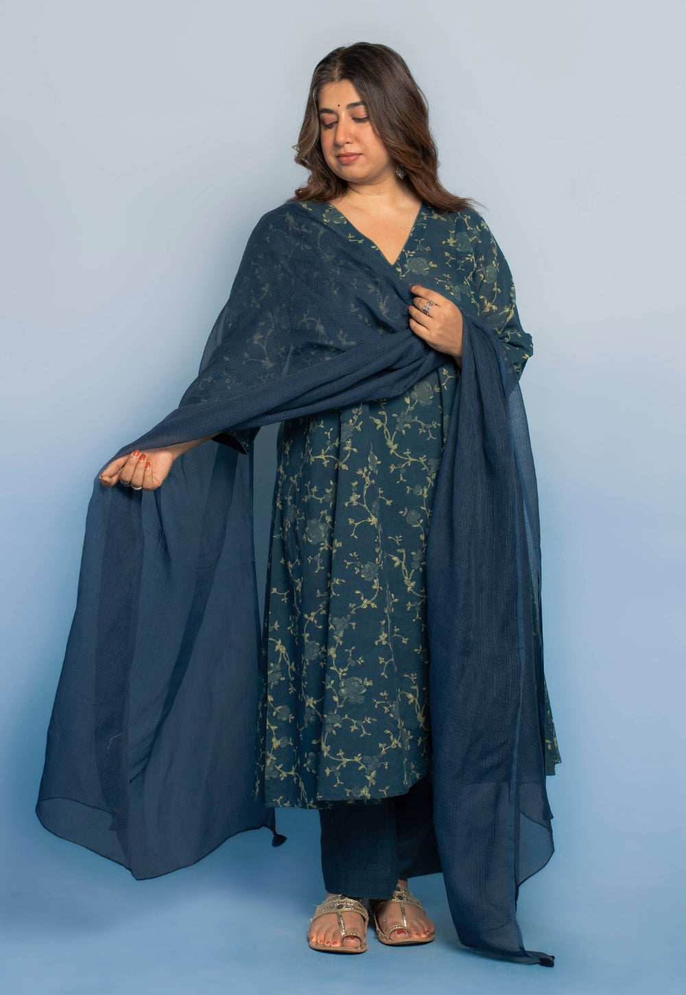 Smriti Teal Blue Dabu Mul Cotton Kali Kurta