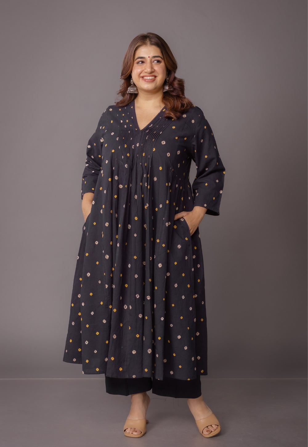 Urvi Black Bandhani Cotton A Line Kurta