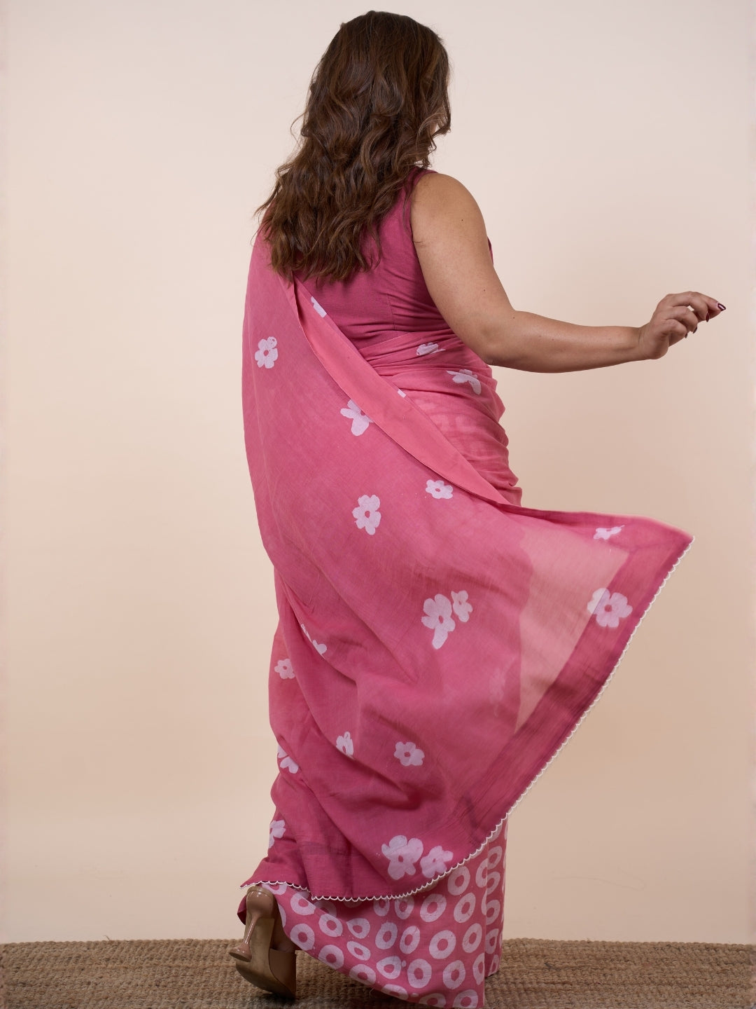 Dania Pink Batik Hand Block Print Mul Cotton Saree with Embroidery